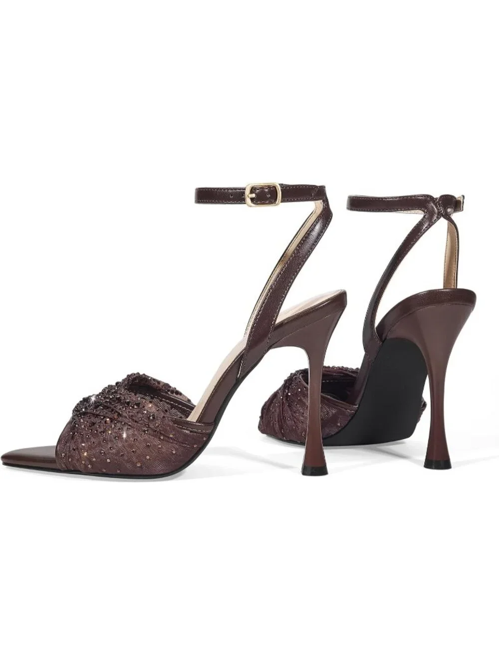 Women's Brown Mesh Rhinestone 4 Inch Strappy High Heels Sandals Pointed Open Toe